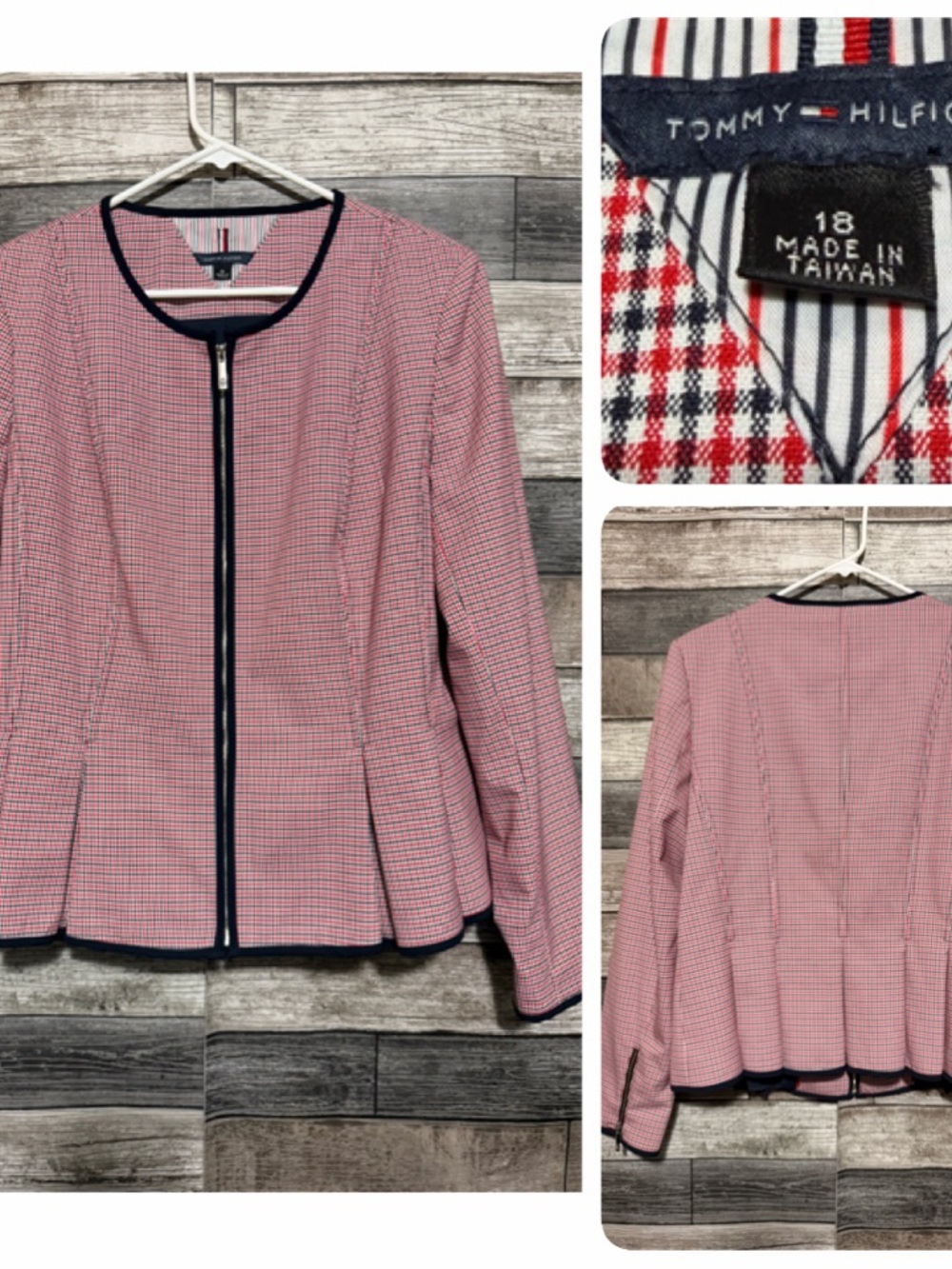 Tommy Hilfiger Plaid Zip Up Blazer Women’s 18 Red Pleated Hem